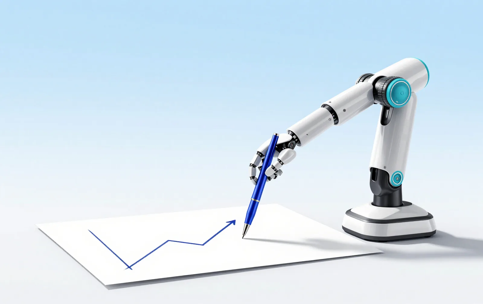 A slim white robotic arm drawing a rising line chart on a sheet of paper