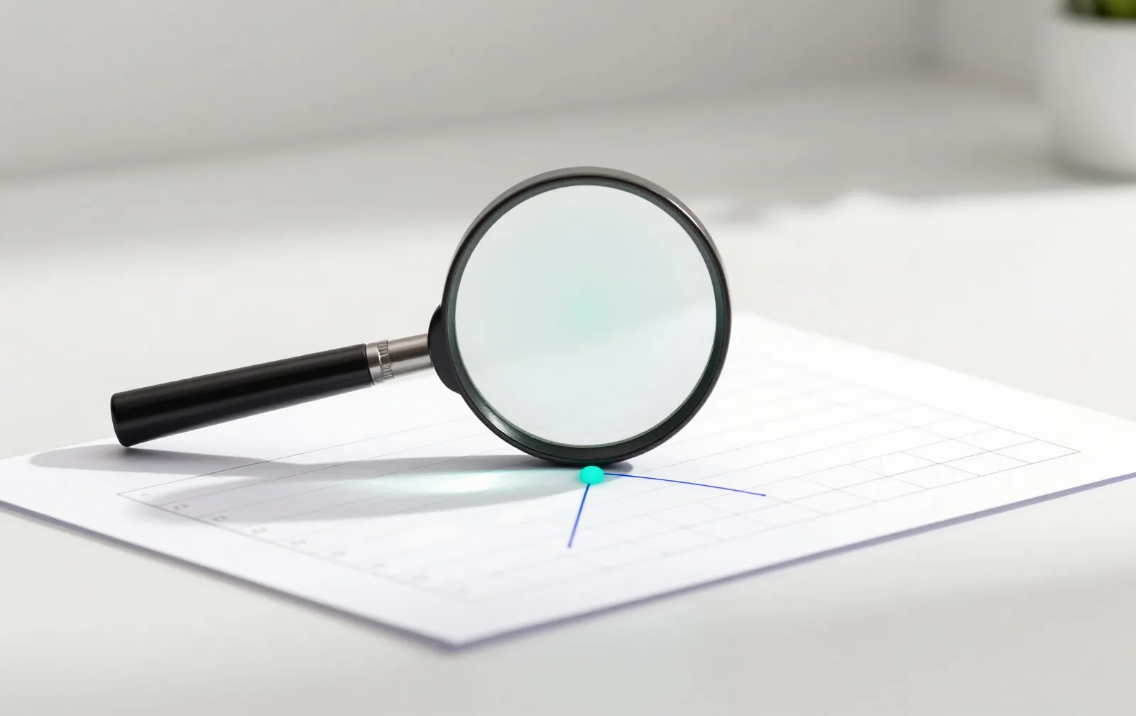 A magnifying lens over a printed line chart, one data point glowing under the glass