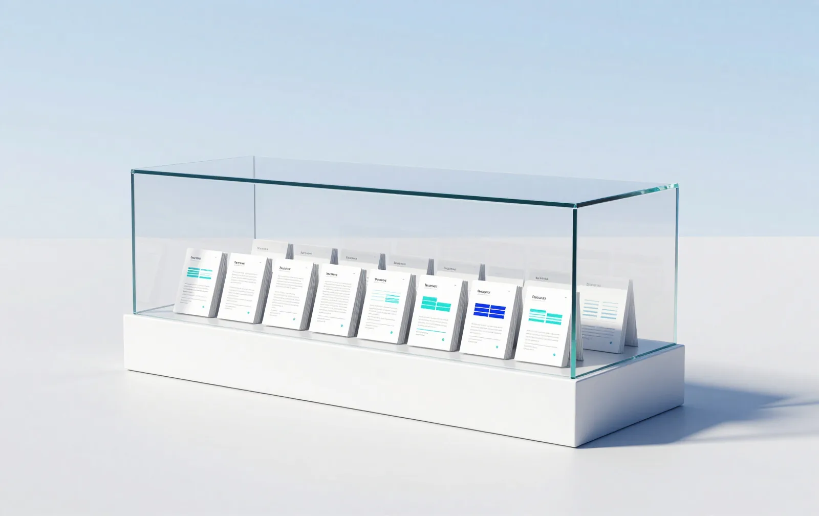 A sealed glass case holding a row of small chart cards
